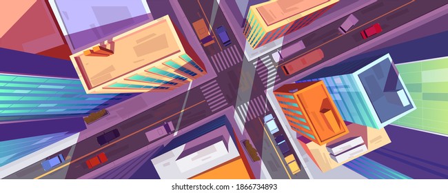 City Street Top View With Buildings, Crossroad And Cars. Urban Architecture And Infrastructure With Transport Intersection And Zebra, Modern Megapolis With Skyscrapers, Cartoon Vector Illustration