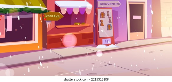 City street with traditional arabic food and souvenirs shops in winter. Empty town landscape with houses, stores, Christmas decoration and snow, vector cartoon illustration