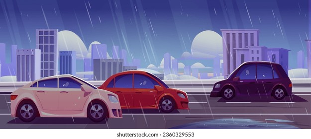 City street traffic on rainy day. Vector cartoon illustration of cars driving wet urban road, cityscape background with modern buildings, clouds on gloomy sky, water puddles on highway, driving safety