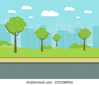 City street with trees and high-rise buildings. Park flat vector illustration