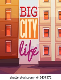 City street with two houses background. Vector illustration. Realistic cartoon style.