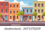 City street. Urban building scene view with colorful houses, walking people, trees, asphalt roadway, apartment exterior, cafe. Horizontal cityscape. Town landscape with buildings. Residential district