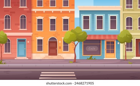 City street. Urban building scene view with colorful house, pedestrians, trees, asphalt roadway, apartment exterior, cafe. Horizontal cityscape. Town landscape with buildings. Residential district