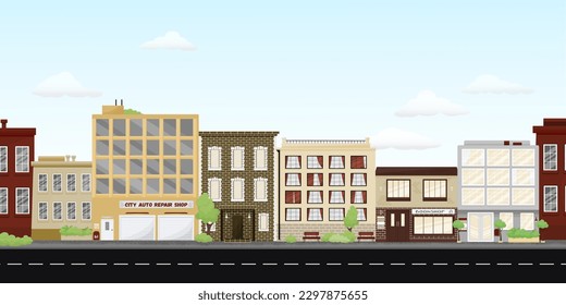 City street with urban buildings, houses, shops in flat style. Cartoon vector illustration.