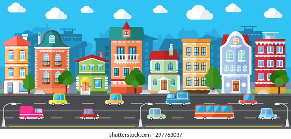 City Street with Urban Buildings, Houses and Shops in a Flat Design