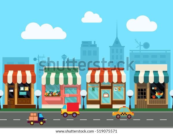 City street with urban buildings and shops in\
flat style. Seamless\
pattern