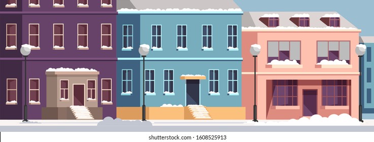 City street with urban houses under snow cover. Cold winter weather. Happy new year and merry christmas design. Snowy town at holiday eve. Flat panoramic seasonal scene. Vector illustration