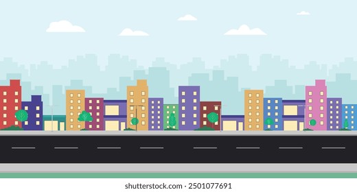 City Street Urbana Panorama Road tiene un paisaje urbano Horizontal. Ilustración vectorial plana