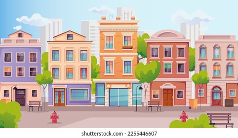 City street vector background background building cartoon house town europe cityscape concept. Vector design graphic illustration