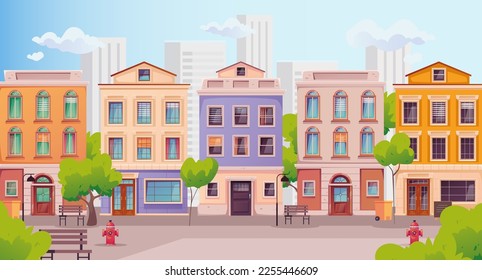 City street vector background background building cartoon house town europe cityscape concept. Vector design graphic illustration