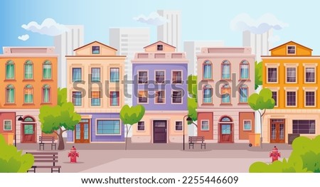 City street vector background background building cartoon house town europe cityscape concept. Vector design graphic illustration