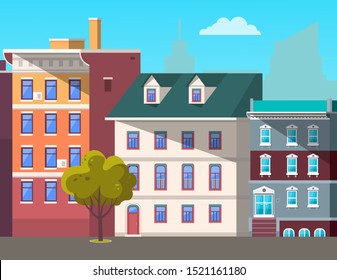 City street vector, empty town with old houses and buildings with fancy rooftops. Urban area residential constructions, skyscrapers and tree decor. Cityscape with houses facades. Flat cartoon