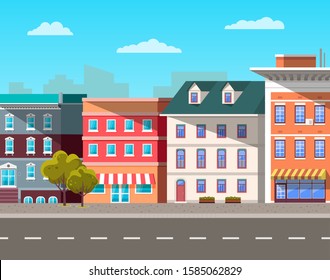 City street vector, empty town with old houses and buildings with fancy rooftops. Urban area residential constructions, skyscrapers and tree decor. Cityscape with houses facades. Flat cartoon