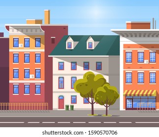 City street vector, empty town with old houses and buildings with fancy rooftops. Urban area residential constructions, skyscrapers and tree decor. Cityscape with houses facades. Flat cartoon