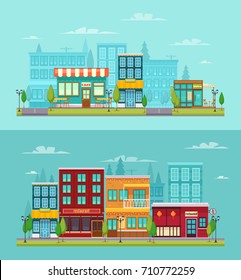 City street view 2 flat horizontal banners set with bistro restaurant bar and cafe isolated vector illustration  