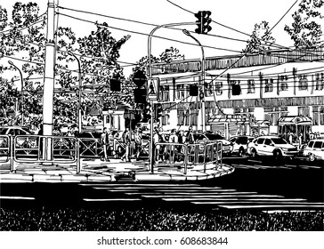 City street view with building, cars and pedestrians. High contrast black and white dashed style sketch, line art, drawing with pen and ink.