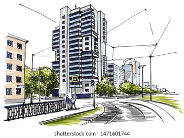 City street view with tram line. Hand drawn sketch