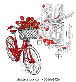 City street and vintage bicycle with basket of tulips. Vector illustration for a card or poster.