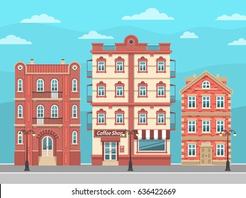 City street with vintage houses and lanterns. Vector illustration easy to rebuild.