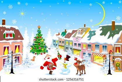 City street in the winter Christmas night. Santa, deer and snowman happily greet Christmas.  Christmas tree. Houses covered with snow. Winter night on Christmas Eve.