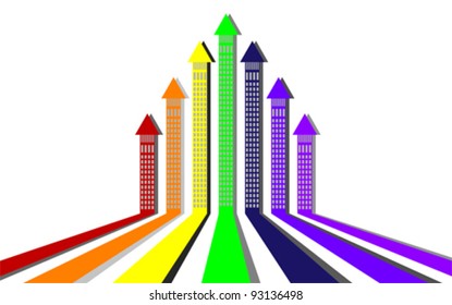 City streets with buildings - arrows, vector
