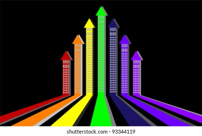 City streets with buildings - arrows, vector