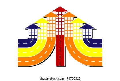 City streets with buildings - arrows, vector