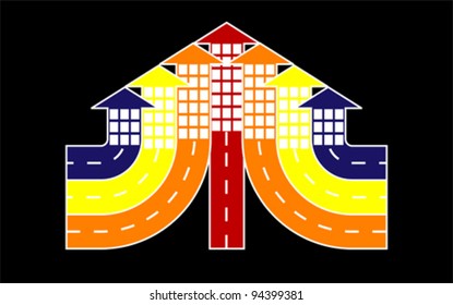 City streets with buildings - arrows, vector