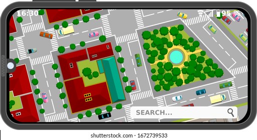 City Streets, Map In Mobile Phone, Cartoon Illustrations