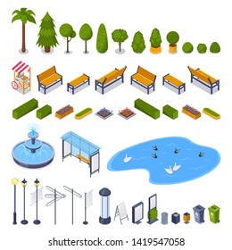 City streets and public park 3d isometric design elements. Vector urban outdoor landscape icons. Green trees, benches, lampposts, garbage containers, billboards isolated on white background.