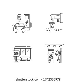 Conjunto de iconos lineales perfectos de píxeles de estructura de ciudad. Estación de carga para automóvil. Sistema de drenaje. Símbolos de contorno de línea delgada personalizables. Ilustraciones aisladas del contorno vectorial. Trazo editable