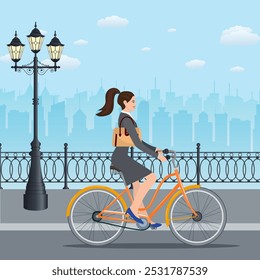 Mujer de negocios de estilo de la ciudad con el bolso que monta en bicicleta las calles de la ciudad. Cartel de la bici al trabajo. Incluyendo hermoso fondo de paisaje urbano europeo.