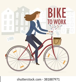 City Style Business Lady Riding On A Cruiser Bicycle. Bike To Work Poster. Including Beautiful European Cityscape Background. Hand Drawn Cartoon Illustration.