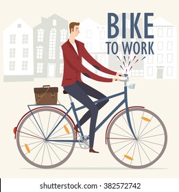 City Style Business Man Riding On A  Bicycle. Bike To Work Poster. Including Beautiful European Cityscape Background. Hand Drawn Cartoon Illustration.