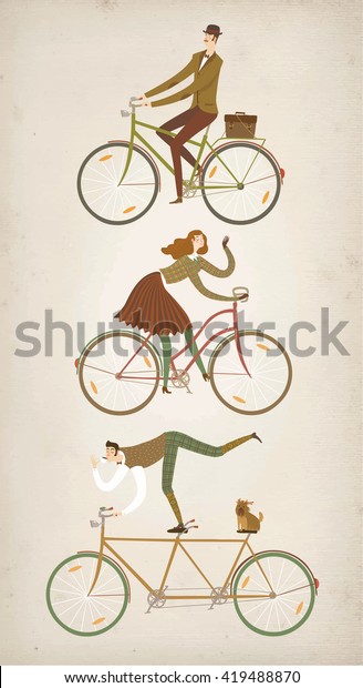 City style elegant cyclists set on old paper\
background. Tweed run vintage characters. Cartoon old style\
cyclists illustration for your\
design.