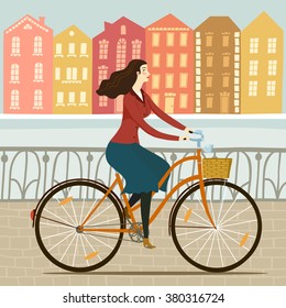 City style elegant lady riding on a cruiser bicycle. Including beautiful european cityscape background. Hand drawn cartoon illustration.