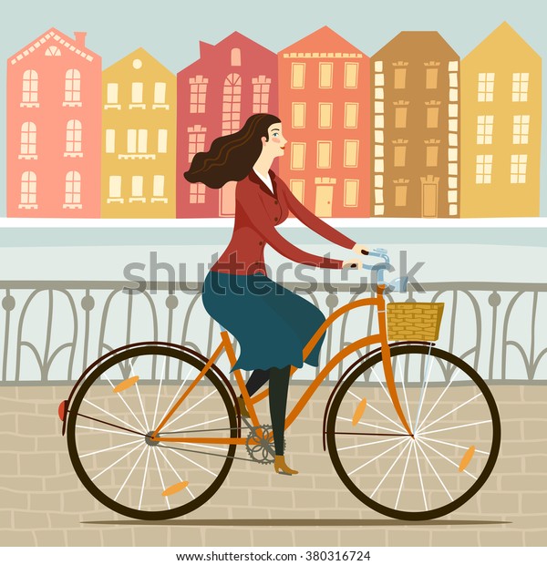 City style elegant lady riding on a cruiser\
bicycle. Including beautiful european cityscape background. Hand\
drawn cartoon\
illustration.