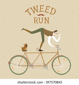 City style elegant man with dog riding standing on a bicycle and drinking tea. Tweed run vintage title. Cartoon cyclist illustration for your design.