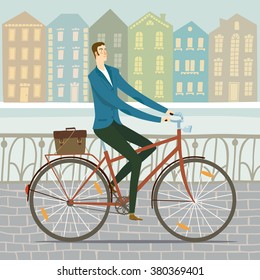 City style elegant man riding on a bicycle. Including beautiful european cityscape background. Hand drawn cartoon illustration.