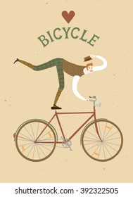 City style elegant man riding standing on a bicycle. Love bicycle vintage title. Cartoon cyclist illustration for your design.