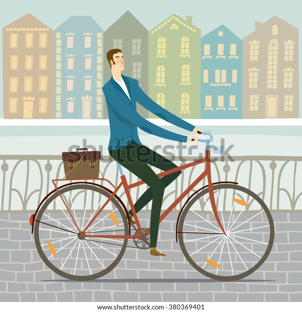 City style elegant man riding on a bicycle.\
Including beautiful european cityscape background. Hand drawn\
cartoon illustration.