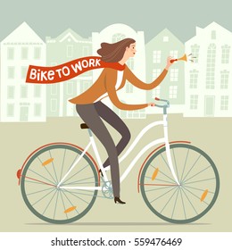 City Style Lady Worker With Scarf Riding On A Bicycle. Bike To Work Poster. Including European Cityscape Background. Hand Drawn Cartoon Illustration.