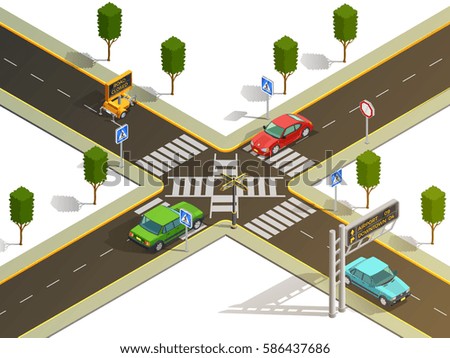 City suburb crossroads navigation isometric view with traffic boards pedestrian zebra crossing and cars vector illustration 
