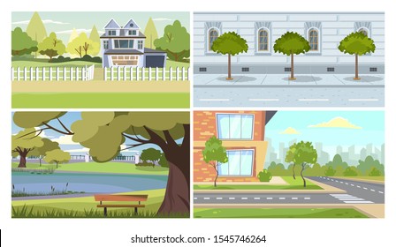 City and suburb illustration set. Country residential house, suburb apartment building, old traditional facade, park, street. Real estate concept