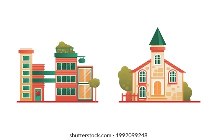 City or Suburban Buildings Set, Public Building and Christian Church Facades Flat Vector Illustration