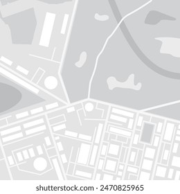 City suburban map in black and white. Abstract generic map with roads, buildings, parks, river, lake. GPS and navigation. Vector illustration in flat style