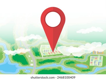 City suburban map and red route pin. Abstract generic map with roads, buildings, parks, river, lake. GPS and navigation. Vector illustration in flat style