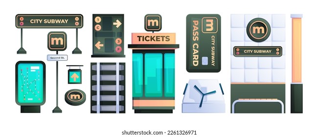 Colección del metro de la ciudad. Modernos elementos de metro de ciudad, andén de caricatura de la plataforma ferroviaria escaladora de billetes torniquete, transporte público de pasajeros. Conjunto de vectores. Mapa con rutas diferentes, carteles