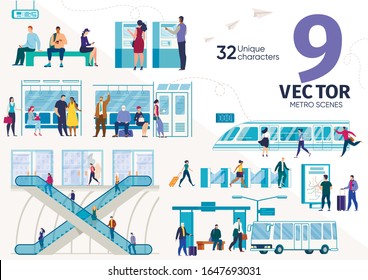 City Subway Passengers Activities Scenes, Daily Travel Situations Trendy Flat Vectors Set. Metropolis Public Transport, Passengers Transportation, Traveling People, Metro Station Elements Illustration