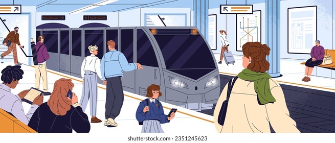 City subway station with different passengers waiting arrival underground train carriage. People standing with smartphones and bags in modern metro platform. Urban transport flat vector illustration